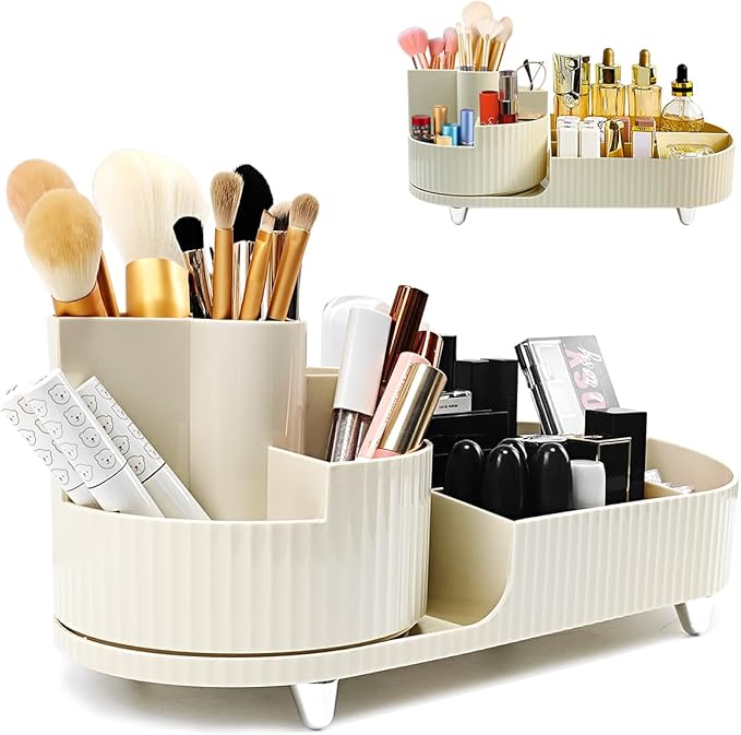 360 Rotating Spinning Makeup Organizer - Cosmetic Skincare Organizer with Brush Holder - Countertop Display Case