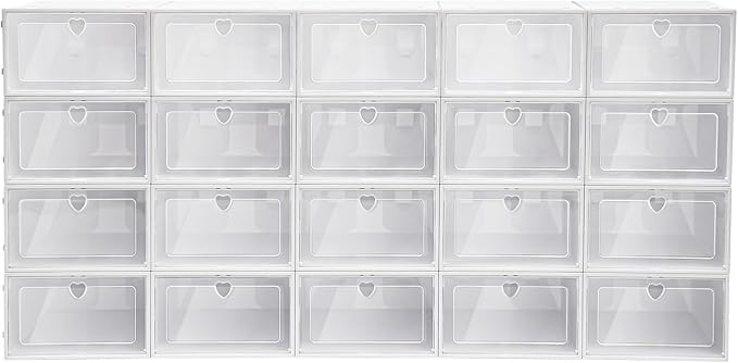 20 Pack Large Stackable Shoe Boxes with Clear Lid and Heart Vent Holes, 33x23x14cm Plastic Shoe Storage Organizers for Closet, Odor-Free and Easy Assemble, Hold Shoes/Accessories