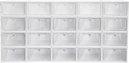 20 Pack Large Stackable Shoe Boxes with Clear Lid and Heart Vent Holes, 33x23x14cm Plastic Shoe Storage Organizers for Closet, Odor-Free and Easy Assemble, Hold Shoes/Accessories