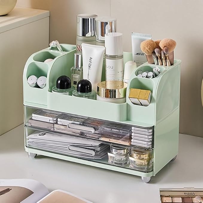 Extra Large Makeup Organizer with 2 Wide Drawers Divided Top Compartment, Spacious Cosmetic Display Case, 4 Colors Skincare Storage box for Vanity and Countertop (Green)