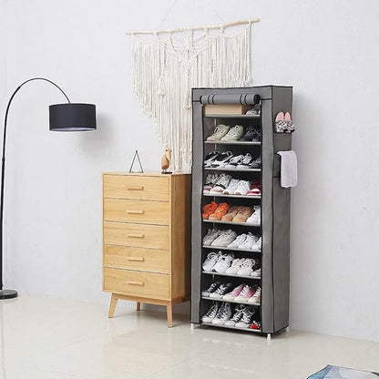 LIKOVSCI 10 Tier 27-Pairs Shoe Rack Tool Free Easy Assembled Shoe Shelf Storage Organizer with Dustproof Nonwoven Fabric Cover (Gray, 9-Tier)