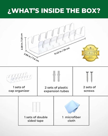 Acrylic Cap Organizer for Baseball Caps – Wall Mounted Hat Rack Holder for 7 Hats, Hat Stand Display, Closet & Wall Storage with Screws or Adhesive – Clear