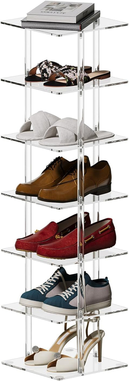 Aquiver Acrylic Vertical Shoe Rack - Free Standing Shoe Rack 7 Tier Shoe Storage Organizer Narrow Shoe Rack for Small Spaces, Entryways, Living Rooms, Bedrooms, 11'' L x 11'' W x 41.7'' H