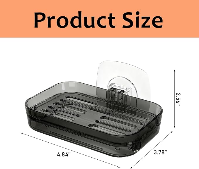 Soap Dish for Shower Transparent Gray Soap Holder with Self-Draining Design No Drilling Required Strong Fixation for RV Bathroom and Kitchen Easy to Clean and Space Saving（2 Pack）
