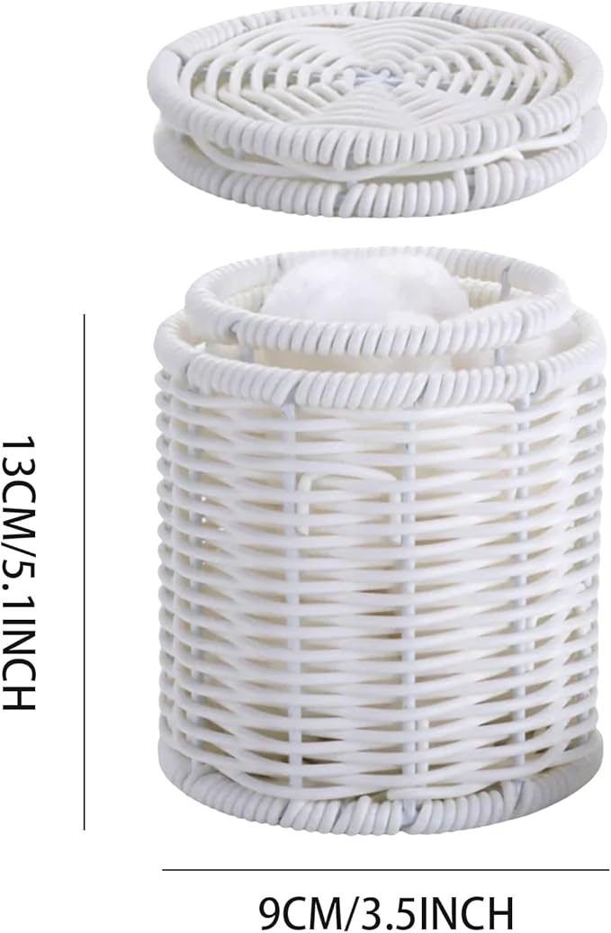 Rattan Jars,Decorative Storage Boxes with Lids, Bathroom Accessories,Rattan Desk Organizer,for Office,Dressing Table,Dental floss picks, cotton swab holders Home Decoration,White（DP056）
