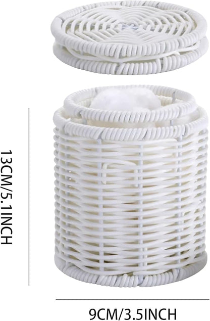 Rattan Jars,Decorative Storage Boxes with Lids, Bathroom Accessories,Rattan Desk Organizer,for Office,Dressing Table,Dental floss picks, cotton swab holders Home Decoration,White（DP056）