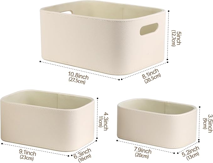 HofferRuffer Faux Leather Storage Baskets Bins with Velvet Lining for Organizing, Storage, Gifts, Set of 3 Nesting Shelf Baskets Decorative Storage Boxes for Home Organization (Cream White)