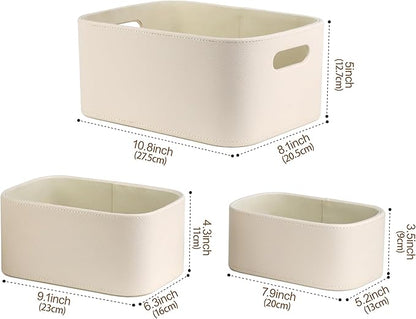 HofferRuffer Faux Leather Storage Baskets Bins with Velvet Lining for Organizing, Storage, Gifts, Set of 3 Nesting Shelf Baskets Decorative Storage Boxes for Home Organization (Cream White)
