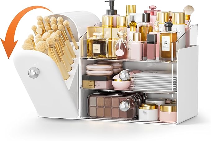 Bird&Fish Makeup Organizer with Sliding Brush Holder, Clear Skincare Organizer with Drawers, Bathroom Countertop Organizer, Sturdy Cosmetic Storage Case for Vanity, Dresser (White)