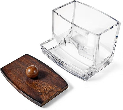 SheeChung 10Oz Acrylic Qtip Holder Dispenser for Cotton Swab, Clear Plastic Containers Apothecary Jars, Wood Lid, Bathroom Accessories, Vanity Organizers and Storage, Home Essentials-Dark Brown