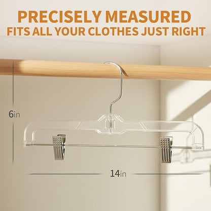 12 Pack Clear Plastic Pants Hangers, 14 Inch Upgraded Heavy Duty Skirt Hanger with 2-Adjustable Clip Non-Slip 360° Swivel Hook for Pants, Trousers, Skirts, Jeans