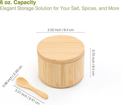Bamboo Salt Cellar with Lid & Spoon – 6oz Magnetic Swivel Top Spice Container – Airtight Kitchen Storage for Salt, Spices – Stylish Bamboo Design with Easy Seal Magnetic Lid