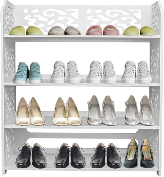4 Tier Wood-Plastic Board Shoe Rack,Narrow Vertical Shoe Rack,Freestanding Shoe Organizer Shelf,Shoe Rack Storage Organizer,with Shelves,for Closet, Entryway, Front Door Entrance, Hallway (White)