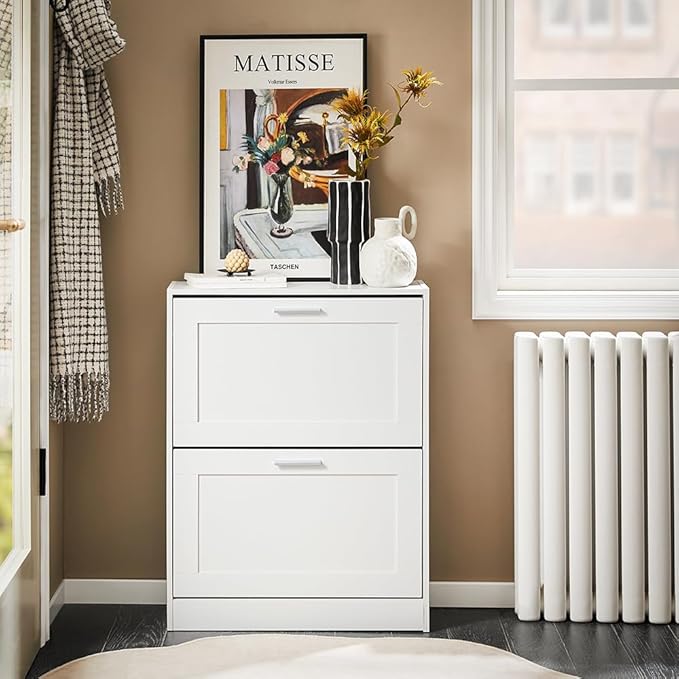 SoBuy Shoe Storage Cabinet Entryway, Slim Shoe Rack Freestanding, Narrow Shoe Organizer 2 Flip-Drawers Shoe Cupboard for Mudroom Front Door Entrance Hallway Bedroom, White, FSR137-W