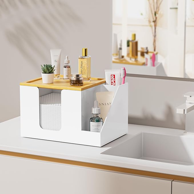 VITVITI Disposable Face Towel Holder Box, Acrylic Clean Skin Club Facial Towel Container with Toothbrush Holders, Large Disposable Face Towels Storage for Bathroom Vanity Makeup, White