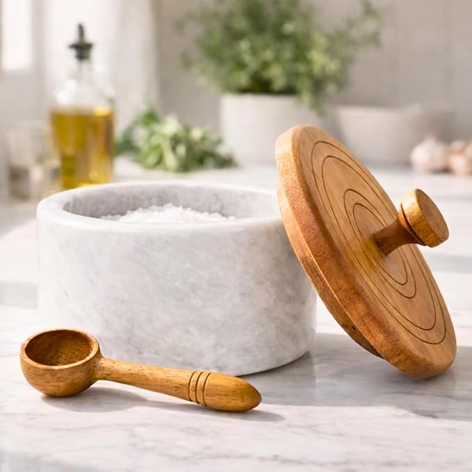 Marble salt cellar with lid and spoon, salt container with spoon, salt bowl with acacia wood lid, salt holder for countertop, salt jar - White