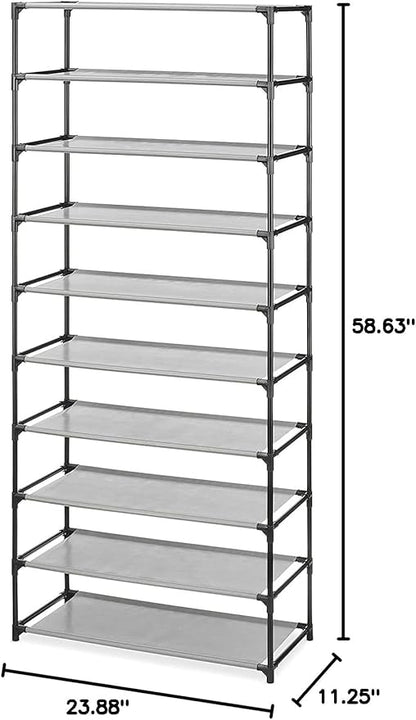 Whitmor Spacemaker 10 Tier Shoe Rack Tower, Tall Metal & Fabric Shoe Shelf Organizer for Entryway, Garage, Holds Shoes, Handbags & Accessories, 12"D×24.5"W×60"H