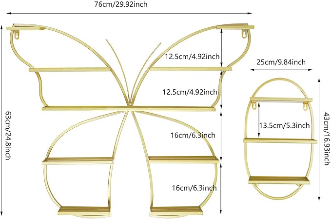 Butterfly Wall-Mounted Nail Polish Rack Set of 5-11LBs/Rack Capacity, Adjustable Cosmetic Display for Salon & Home Spa (Gold)