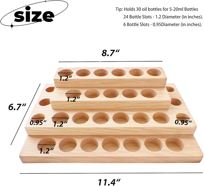 4 Tier Solid Wood Essential Oil Holder, 30 Bottle Slots Storage Organizer for 5-20ml Bottles, Staircase Design Tabletop Display Stand for Living room Bedroom Office, Nail Polish Compatible
