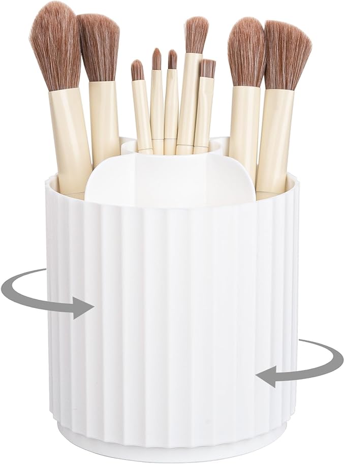 Anyoifax Makeup Brush Holder Organizer 360°Rotating Make Up Brushes Container for Vanity, Spinning Cosmetics Storage Cup, Stripe White