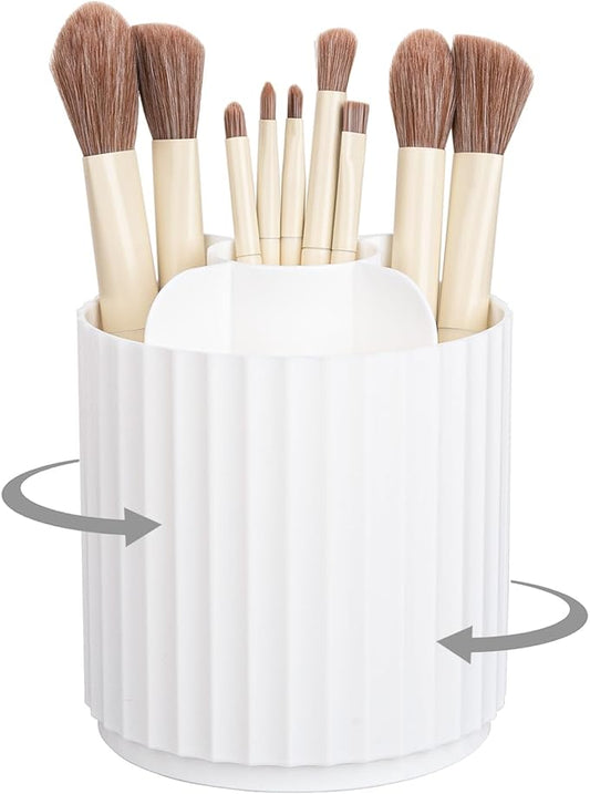 Anyoifax Makeup Brush Holder Organizer 360°Rotating Make Up Brushes Container for Vanity, Spinning Cosmetics Storage Cup, Stripe White