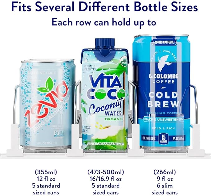 OnDisplay Drink Can Organizer for Fridge - White Automatic Pusher Glide, 12oz 16oz 20oz Soda Dispenser for Refrigerator - Holds up to 15 cans or 12-12 ounce cans.
