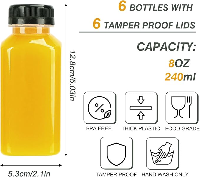 TOMNK 6pcs 8oz Plastic Juice Bottles with Caps Empty Reusable Clear Bottles with Label, Funnel and Brush Beverage Containers Bulk with Lids for Juicing, Smoothies, Fridge