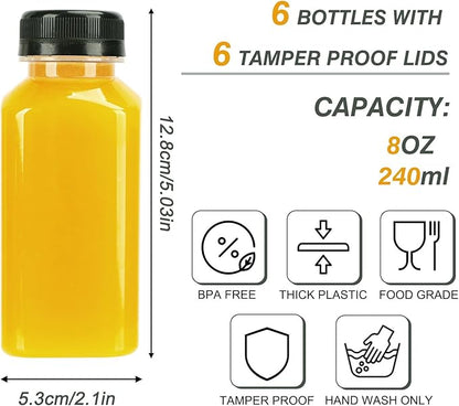 TOMNK 6pcs 8oz Plastic Juice Bottles with Caps Empty Reusable Clear Bottles with Label, Funnel and Brush Beverage Containers Bulk with Lids for Juicing, Smoothies, Fridge