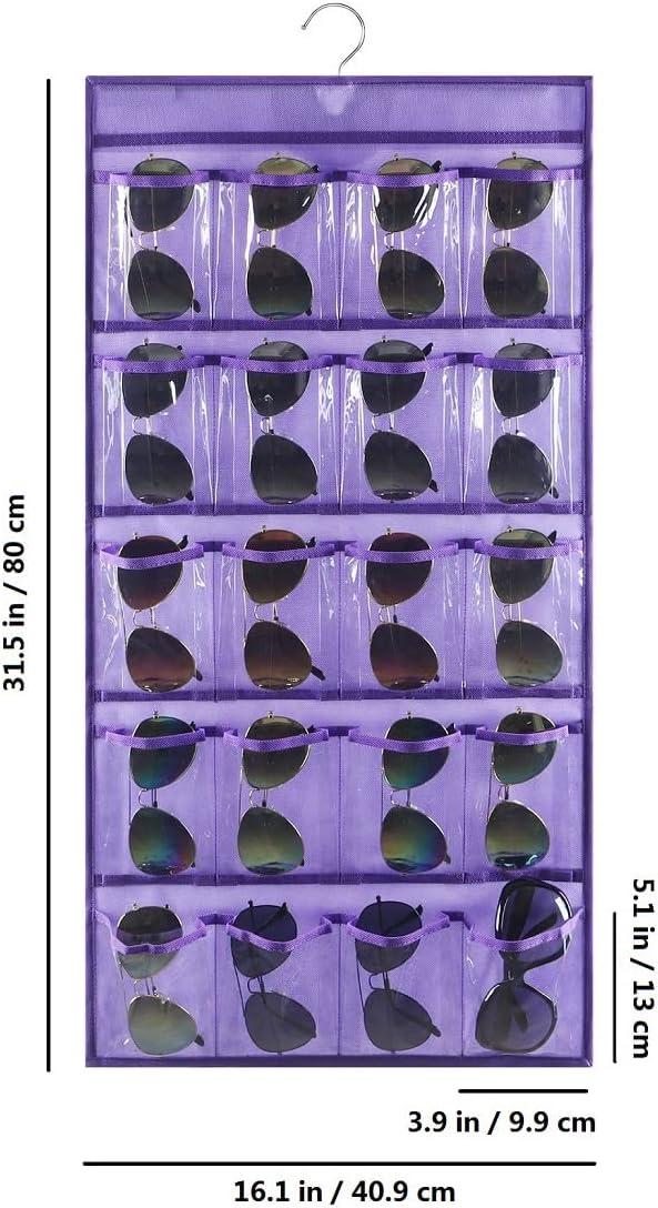 Hanging Sunglasses Organizer Wall Mounted Eyeglasses Holder with 20 Clear Slots (PURPLE)
