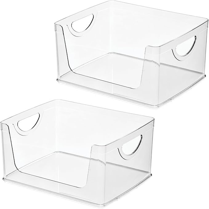 iDesign Stackable Open-Front Storage Bin with Handles for Kitchen, Set of 2, Clear, Made in USA