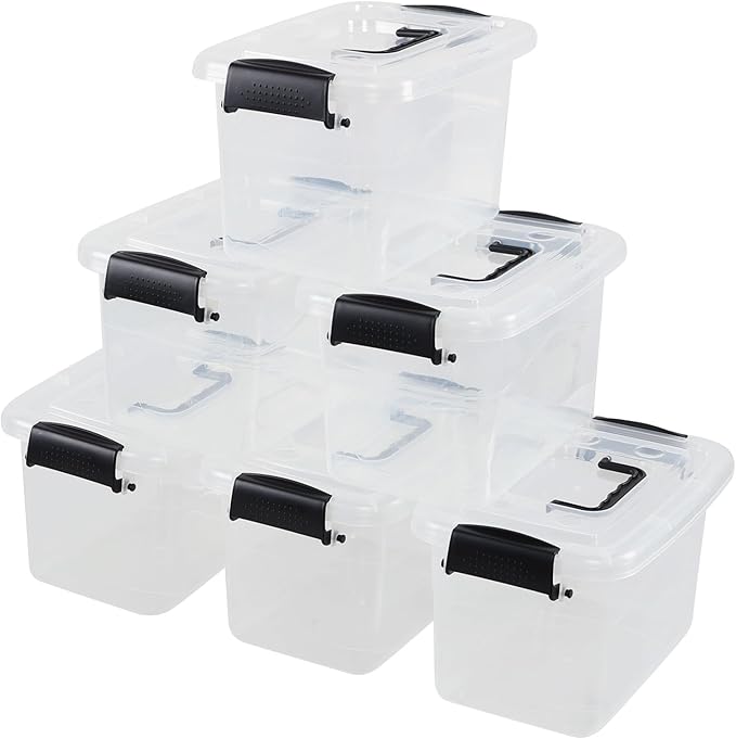 6-Pack Home Storage Bins, Plastic Container, Latching Box with Handle (Black handle)
