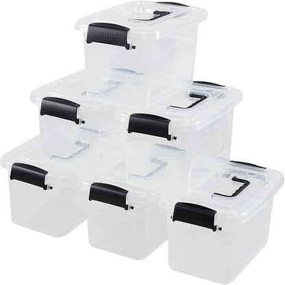6-Pack Home Storage Bins, Plastic Container, Latching Box with Handle (Black handle)