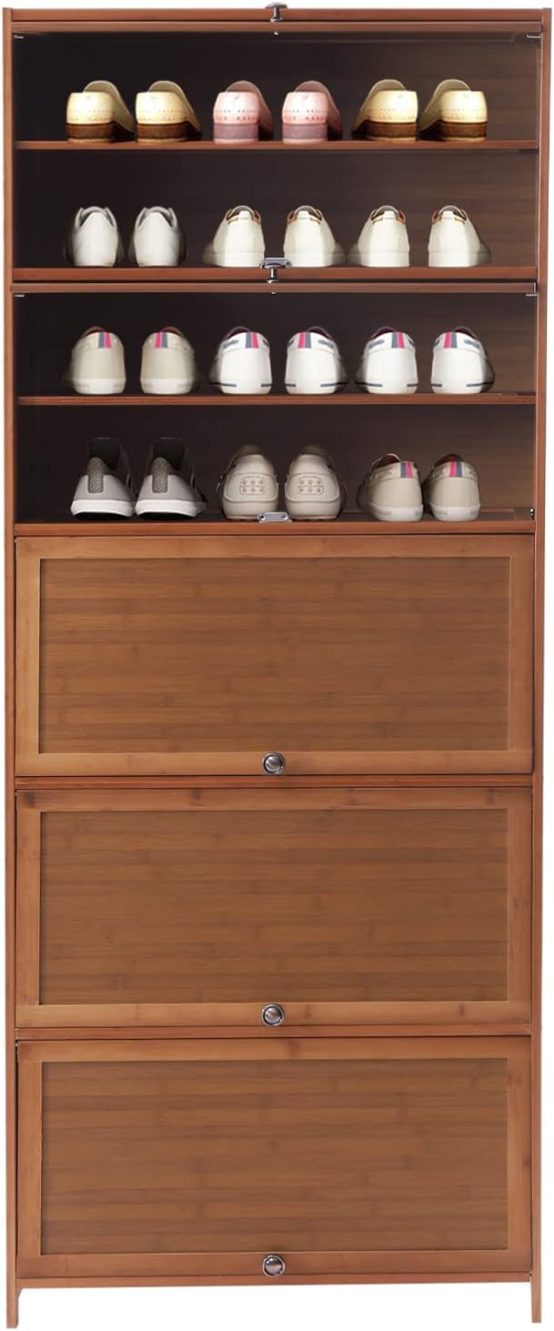 10 Tiers Shoe Storage Cabinet with Doors Tall Bamboo Hidden Shoe Storage Freestanding Shoes Heels Sneakers Shelf Rack 30 Pairs of Shoes Organizer Book Shelf for Entryway Hallway Living Room Bedroom