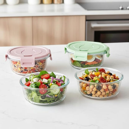 1.5 Cup Round Glass Food Container with Lids and Folding spoon, Small Round Glass Storage Container, 12oz Food Bowls with Spoons for Lunch Office, Oven, Freezer, Dishwasher Safe (4Pack)