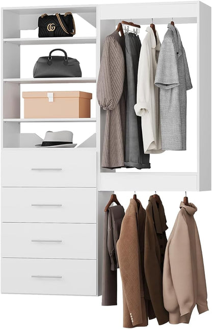 ROOMTEC Modular Closet System, 58" Wall-Mounted Closet Organizer with Drawers and Hanging Rods, Wooden Tower for Walk-In Closets, Wardrobe Storage Kit, White