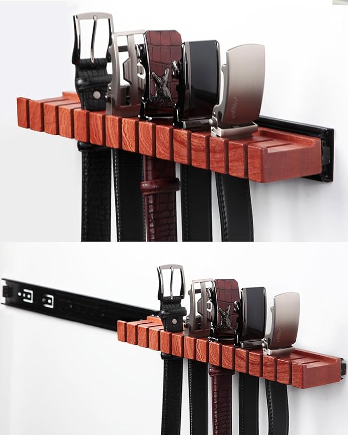 Premium Walnut Wood Belt Organizer with Sliding System - 14-Belt Heavy-Duty Belt Holder, Wall-Mounted Belt Hanger for Closet, Space Saving Storage & Elegant Father’s Day Gift