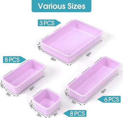 25 PCS Drawer Organizer Set, 4 Size Makeup Drawer Divider Organizer With Non-Slip Pads, Interlocking Plastic Storage Bins for Office,Jewelry Vanity,Gadgets, Bathroom,Kitchen, Purple