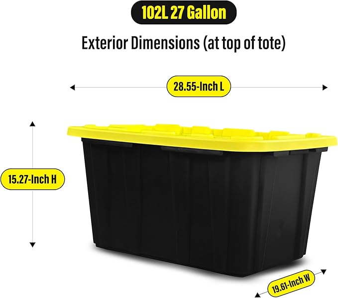 BLACK & YELLOW 27-Gallon Storage Bin with Snap-on Lid, Heavy Duty Plastic Storage Bins with Lid, Stackable, 6 Pack