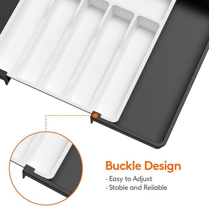 Lifewit Silverware Drawer Organizer, Expandable Utensil Tray for Kitchen, BPA Free Flatware and Cutlery Holder, Adjustable Plastic Storage for Spoons Forks Knives, 13-22 x 15", White&Black