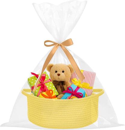 ShellKingdom Storage Basket with Handles, Empty Gift Basket for Christmas with Gift Bags and Ribbon, Small Woven Baskets for Home, Nursery Storage Organizer, 12 X 8 X 5 INCH, Yellow