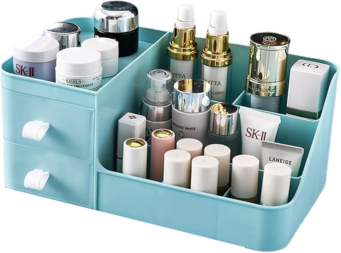 skin care organizer,Makeup Desk Organizer With Drawers,Countertop Organizer for Cosmetics,Vanity brush with Holder for Lipstick, Brushes, Eyeshadow, and Desktop (polar blue)
