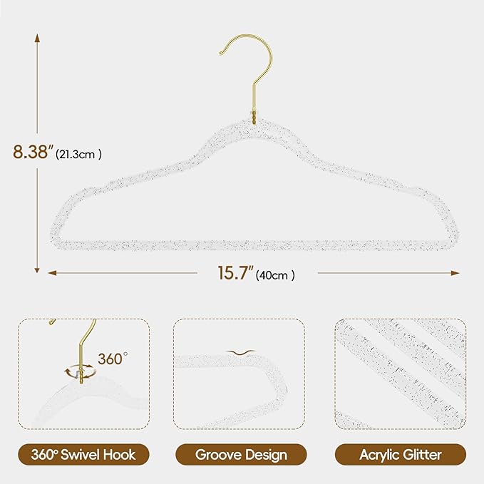50 Pack Clear Plastic Hangers with Silver Glitter, Acrylic, Ultra Slim, Space Saving, for Coats, Pants, Suits, Shirts, Skirts, Dress Clothes