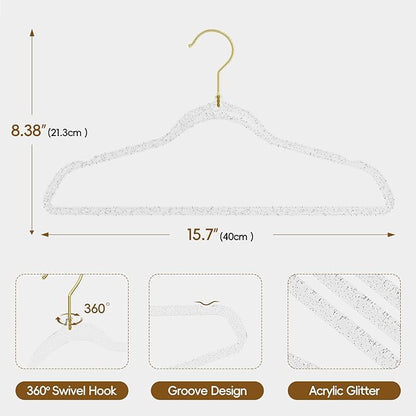 50 Pack Clear Plastic Hangers with Silver Glitter, Acrylic, Ultra Slim, Space Saving, for Coats, Pants, Suits, Shirts, Skirts, Dress Clothes
