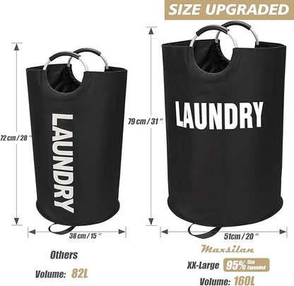 Maxsilan 160L XX-Large Laundry Basket, Freestanding Tall Clothes Hamper, Collapsible Laundry Bag, Black