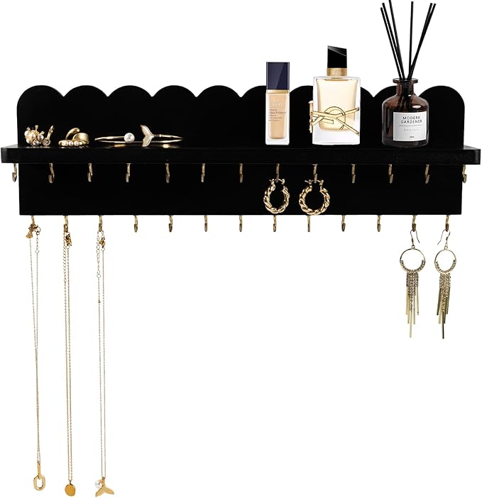 Wall Mount Jewelry Organizer with 26 Hooks and Cosmetics Shelf, Modern Wood Hanging Jewelry Holder for Necklaces, Bracelets, Earrings and Rings, Black