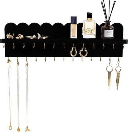 Wall Mount Jewelry Organizer with 26 Hooks and Cosmetics Shelf, Modern Wood Hanging Jewelry Holder for Necklaces, Bracelets, Earrings and Rings, Black