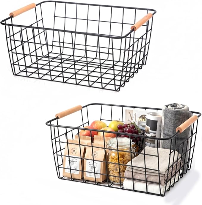 Metal Black Wire Basket,Food Storage Organizer with Wooden Handles, pantry organizers and storage for Kitchen shelf Cabinets potato onion, 2 Packs