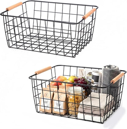 Metal Black Wire Basket,Food Storage Organizer with Wooden Handles, pantry organizers and storage for Kitchen shelf Cabinets potato onion, 2 Packs