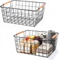 Metal Black Wire Basket,Food Storage Organizer with Wooden Handles, pantry organizers and storage for Kitchen shelf Cabinets potato onion, 2 Packs