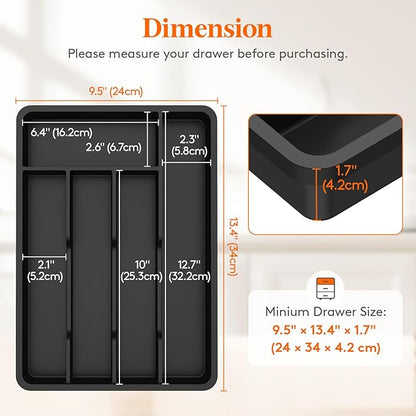 Lifewit Silverware Drawer Organizer Tray, Plastic Cutlery Storage for Kitchen, Flatware and Utensil Holder Divider for Spoons Forks Knives Tableware, 9.5 x 13.4", 5 Slots, Black